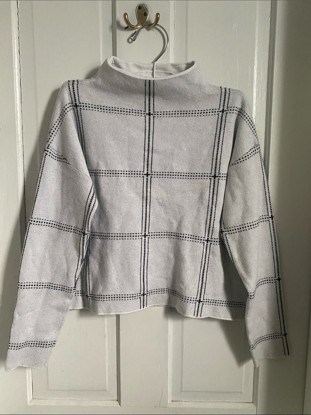 Max Studio White and Black Windowpane Mock Neck Sweater